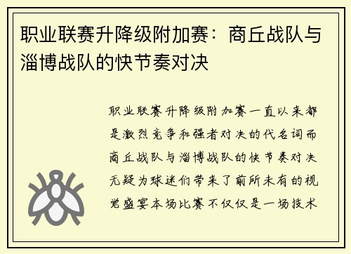 职业联赛升降级附加赛：商丘战队与淄博战队的快节奏对决